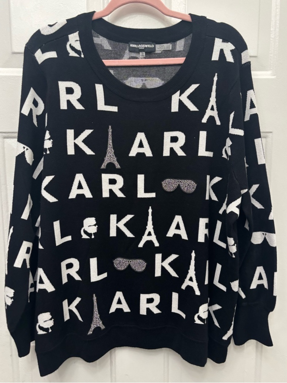 Karl Lagerfeld Black and White Logo Intarsia Crewneck Sweater with rhinestone an